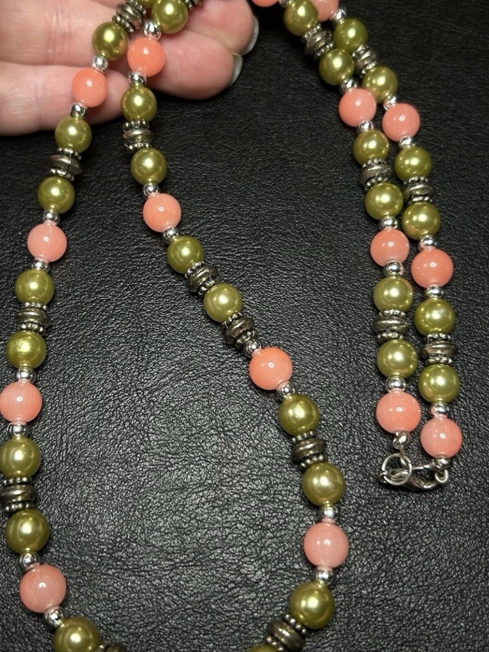 Olive Green and Coral Beaded Glass Necklace